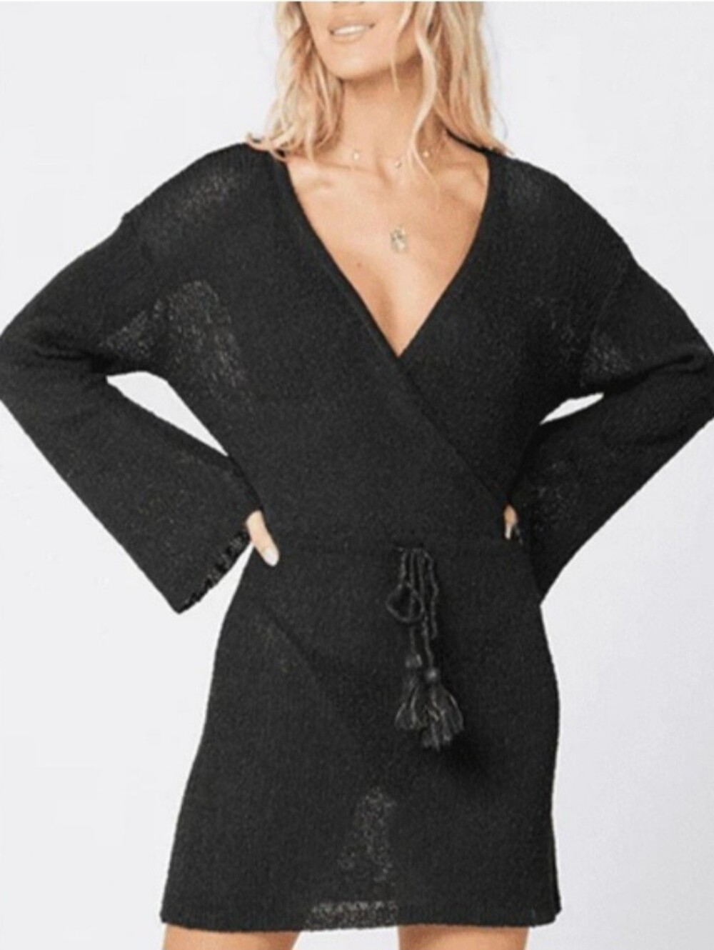 L*space Topanga Black Wrap Knit Lightweight Dress/Cover Up with V-Neck